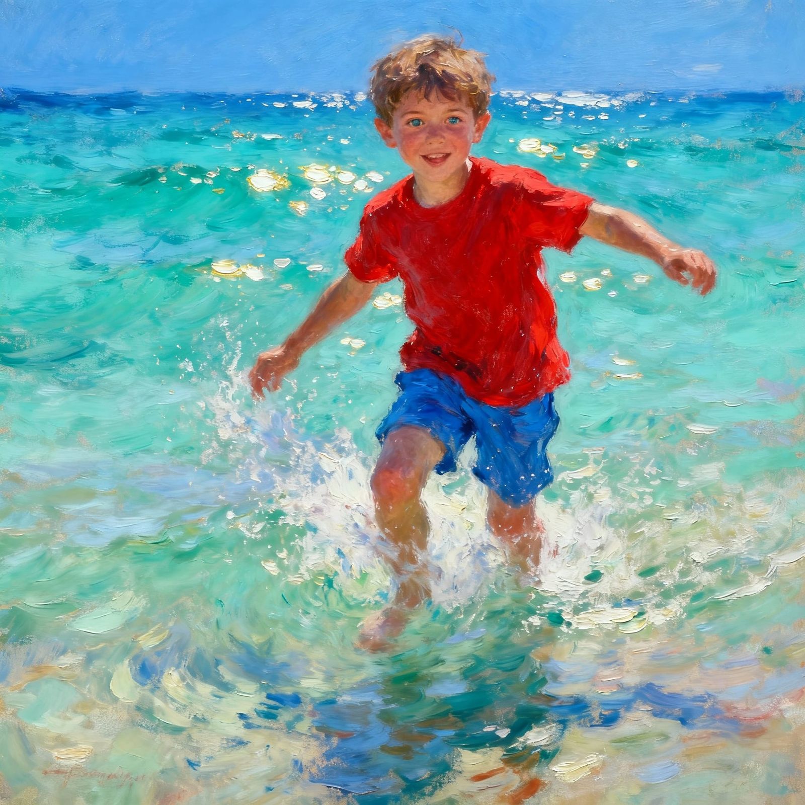 Joyful Boy Splashing in Turquoise Sea, Impressionistic Oil P...