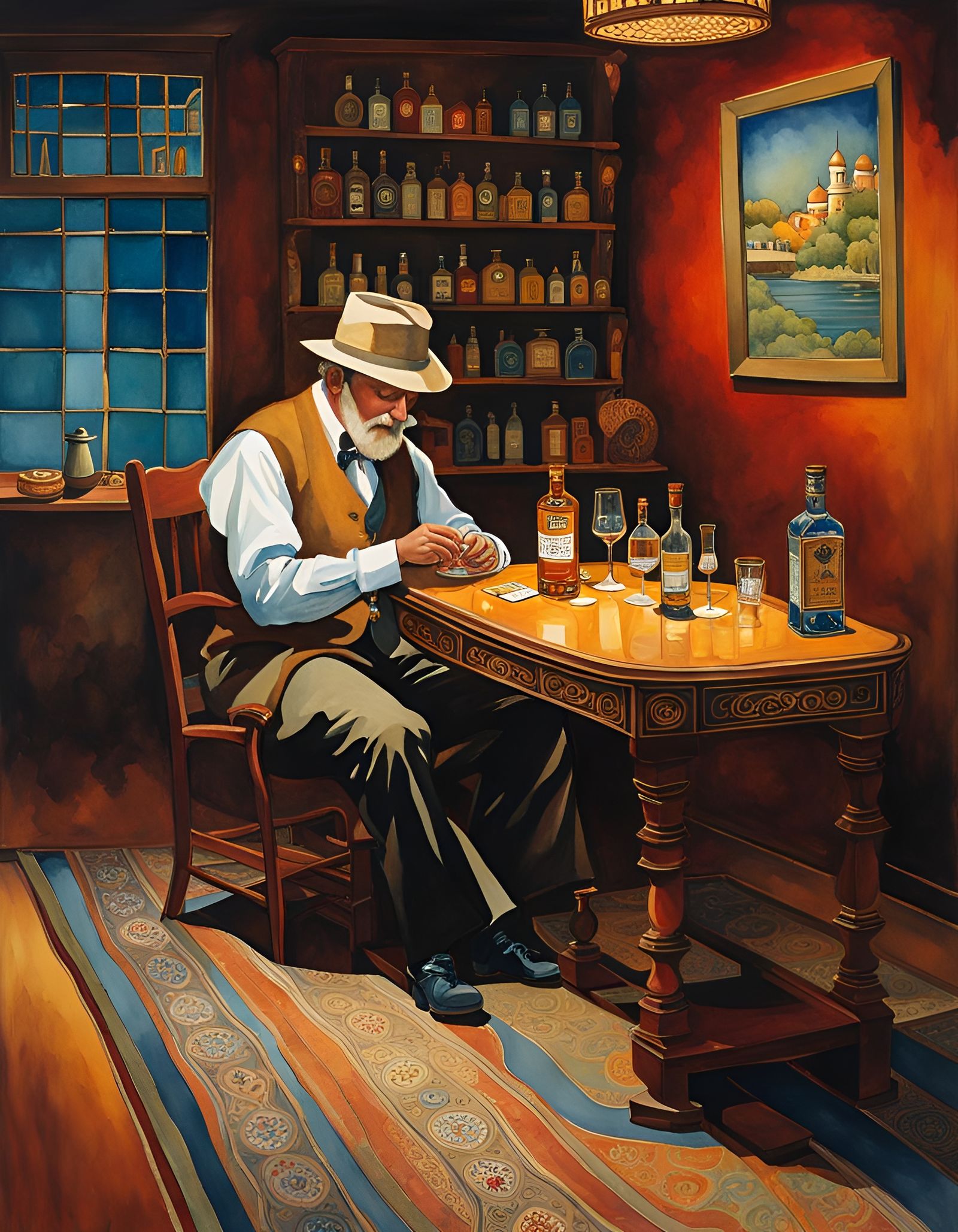 Solitaire Player in Retro Folk Art Style