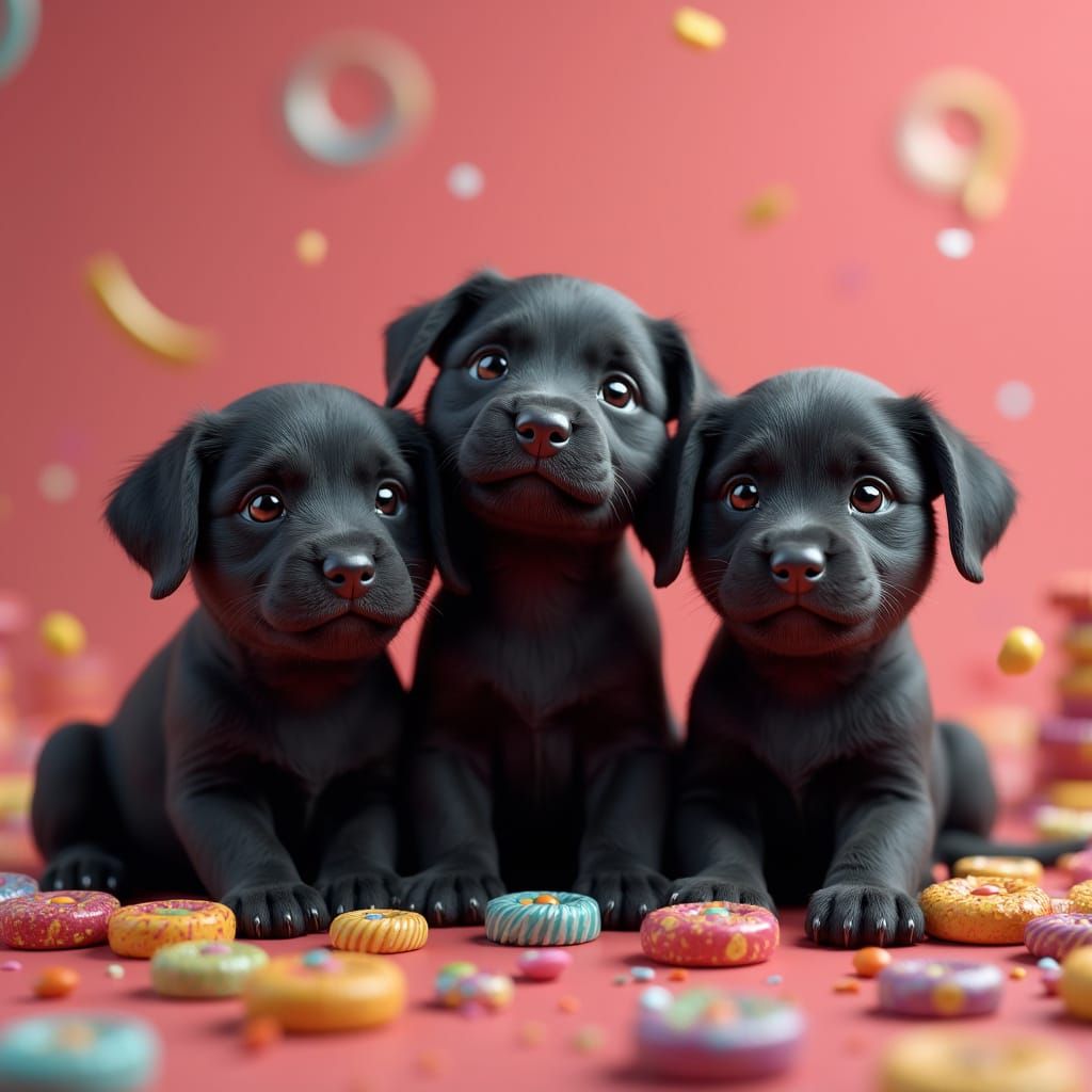 Cute Black Labradors Surrounded by Colorful Licorice in Vibr...