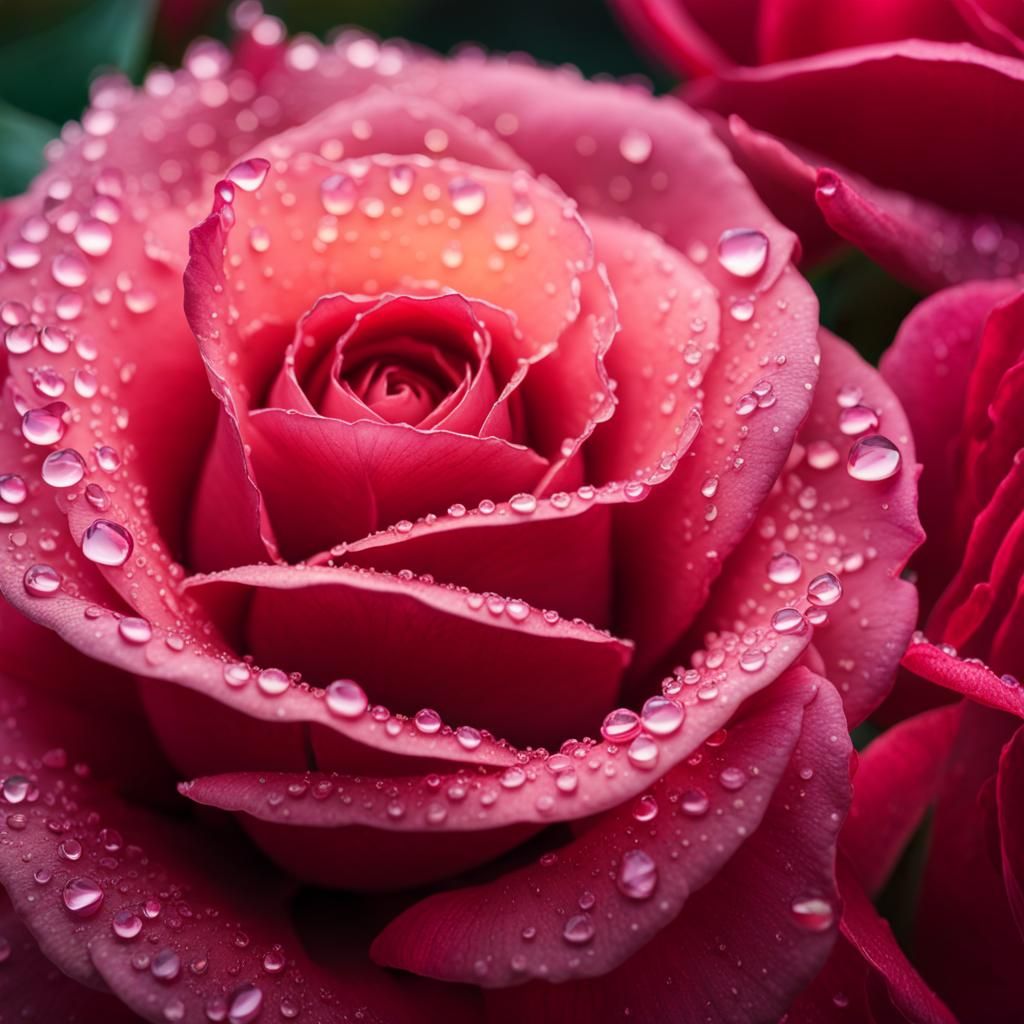 Dew Drops on Rose: Macro Shot in Art Brut Style