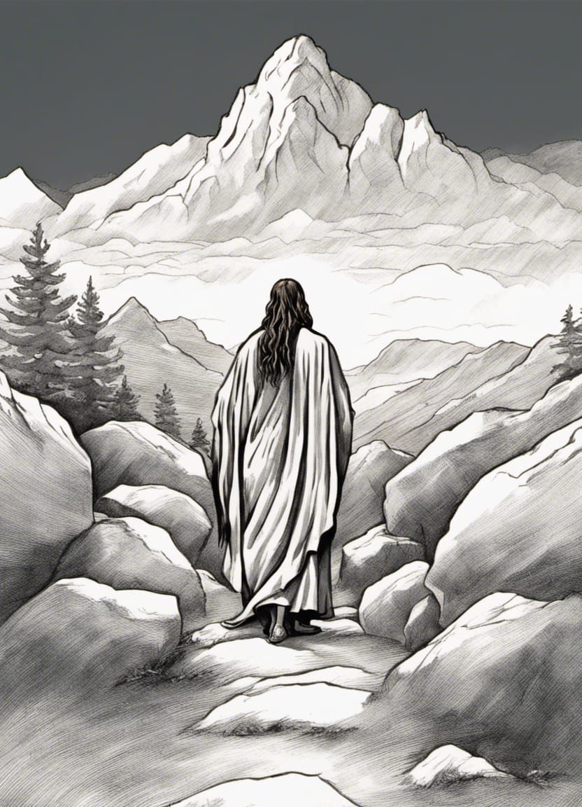 Figure Praying in Mountainous Landscape