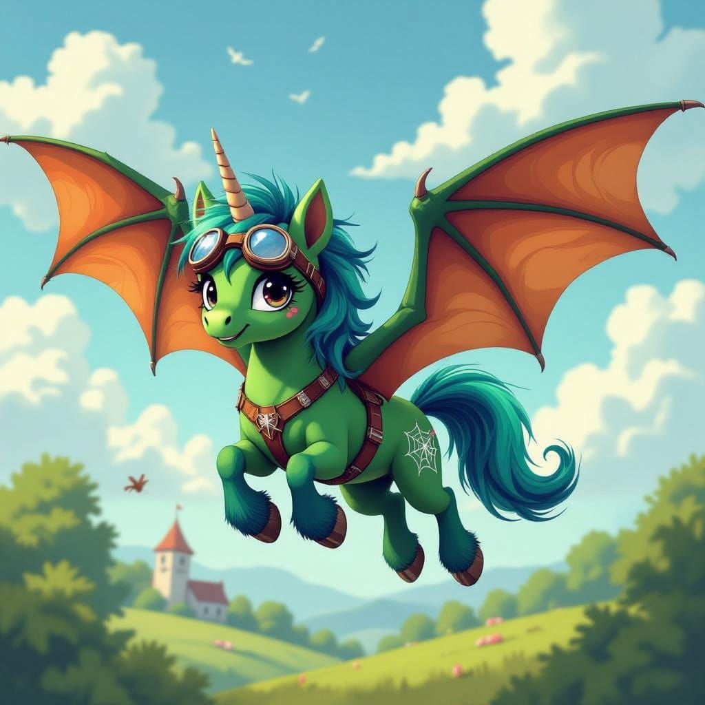 Bat-Winged Pony Free Fall: Whimsical Digital Art