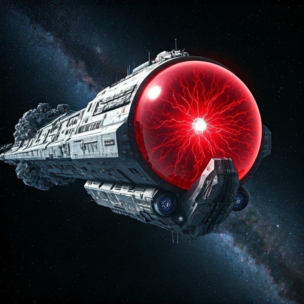 Gigantic Futuristic Spaceship with Radiant Red Energy Sphere