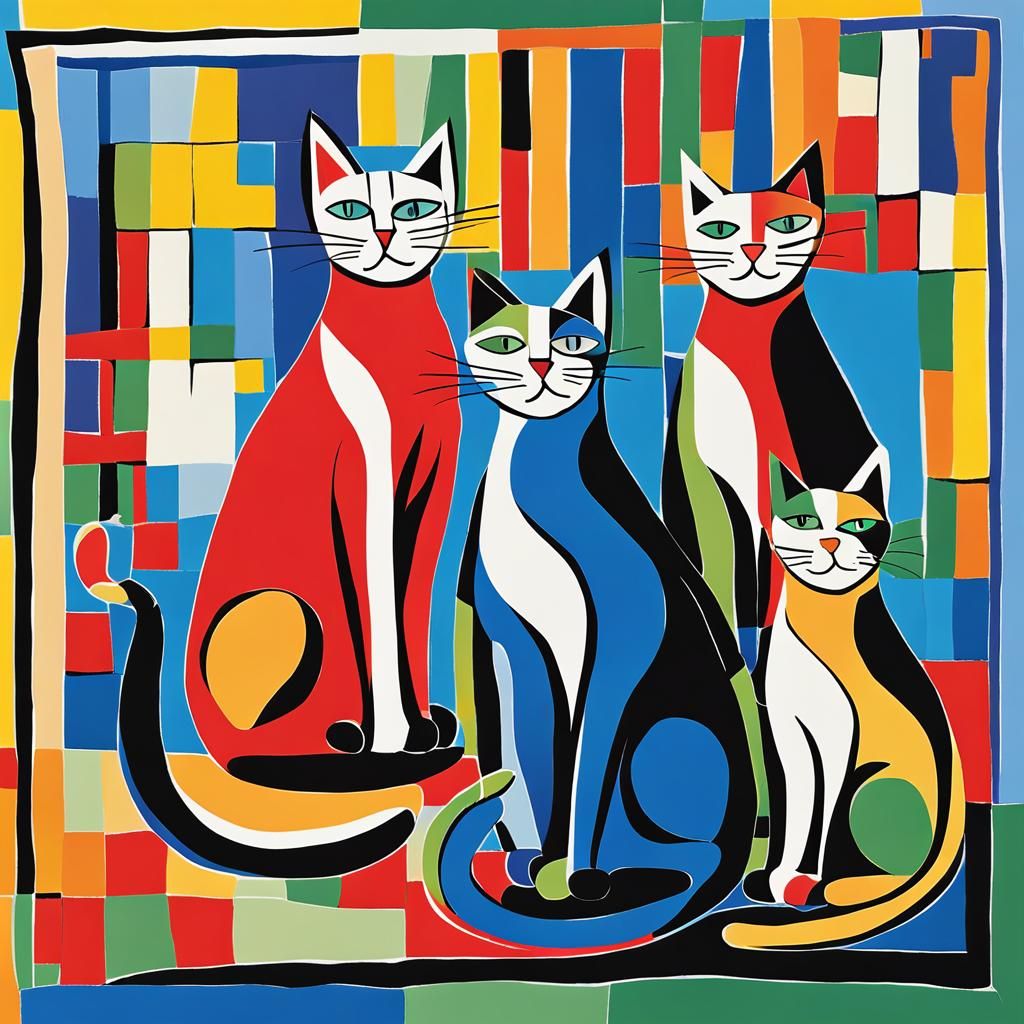 Cubist Cats in Matisse Style, Cel-Shaded Anime Art