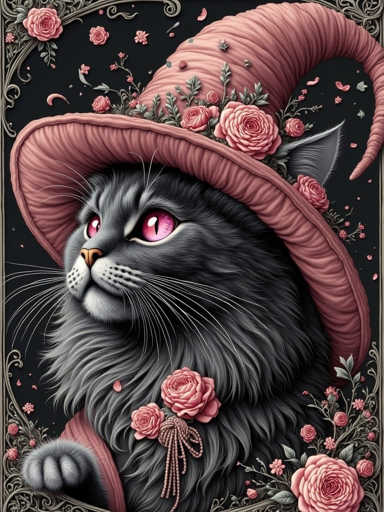 Enchanting Black Cat Wizard in Floral Witch Hat