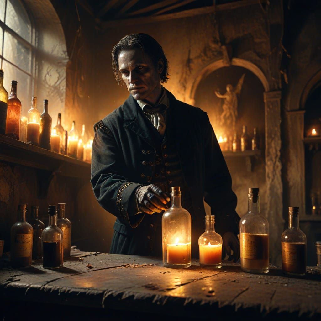 Eerie Spectral Bartender in Gothic Oil Painting Style
