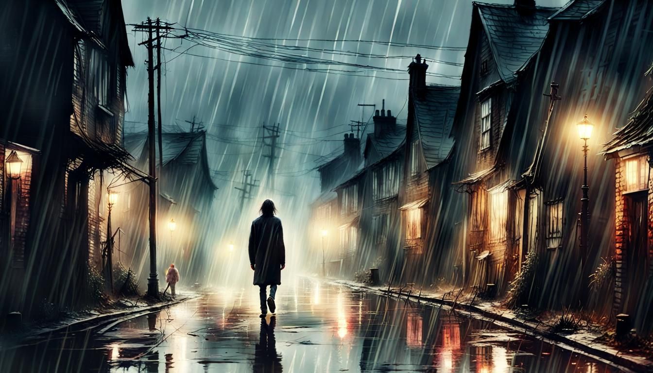 Misty Village Street in Rain, Fantasy Concept Art