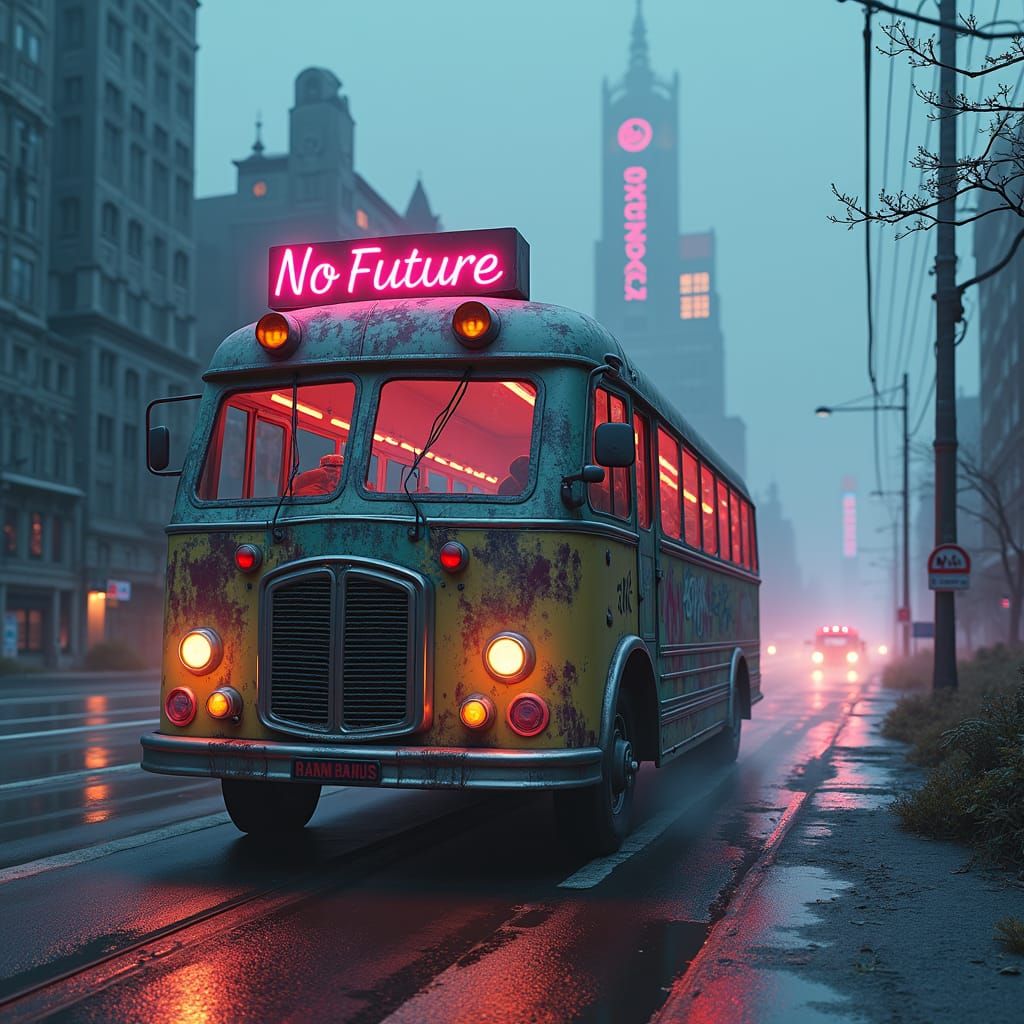 Mystical Bus Speeds Down Neon Highway in Cyberpunk Style