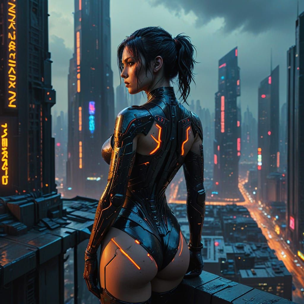 Anime Warrior Goddess in Cyberpunk 2099 City