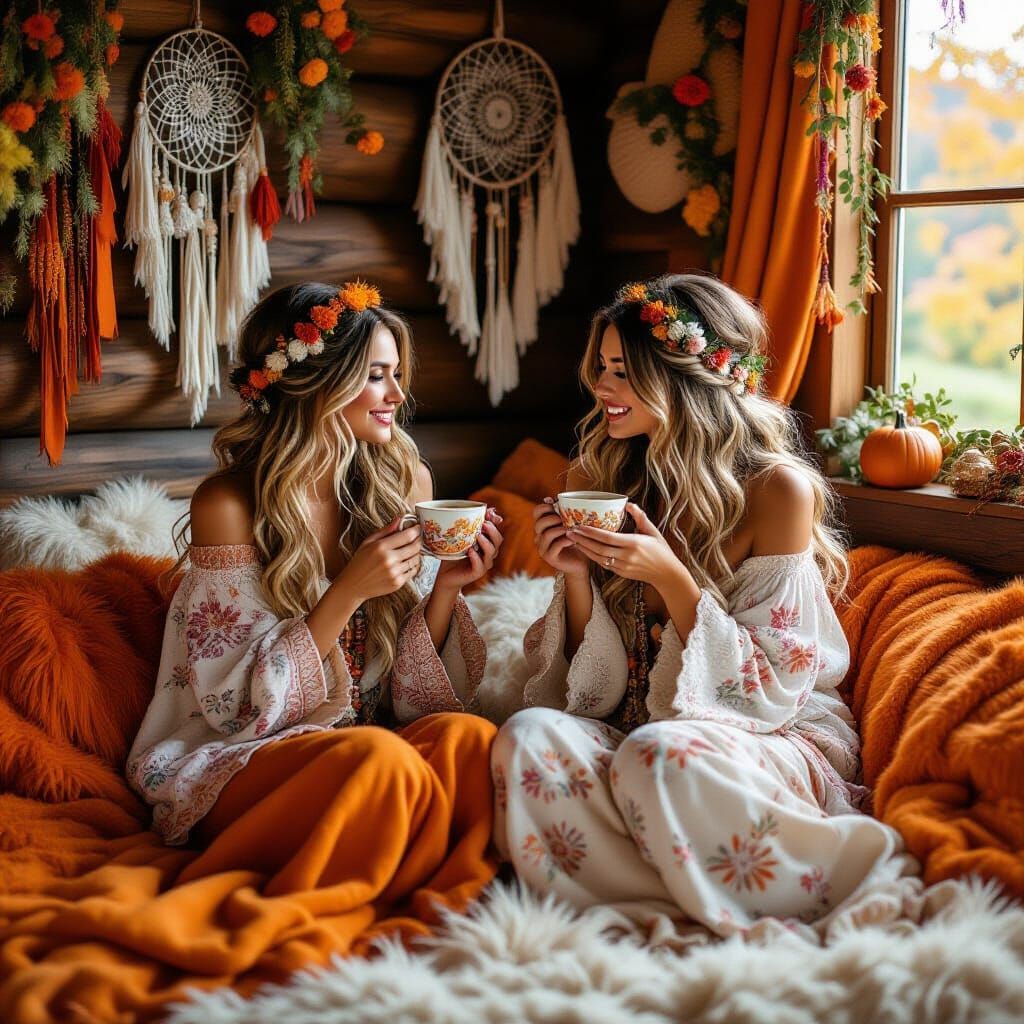 Boho Ladies Enjoying Tea in Autumn Snug