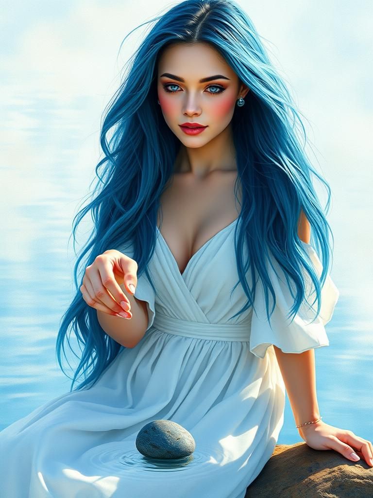 Blue-Haired Woman Skipping Stones, Dreamy Surrealism