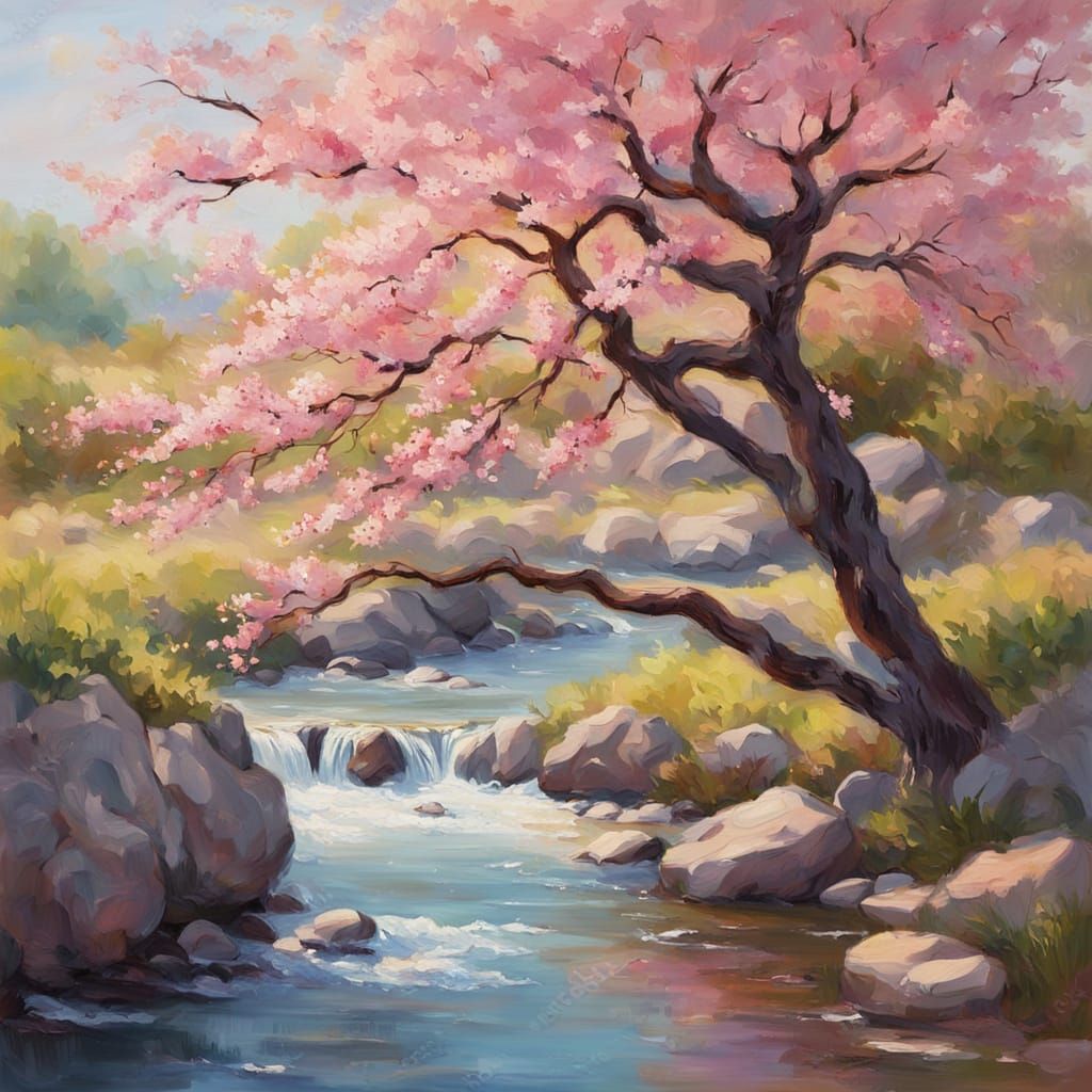 Impressionist Cherry Tree Blossoms by Stream