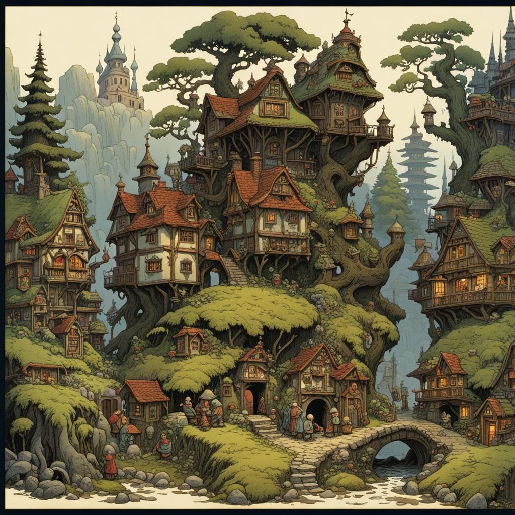 Cozy Dwarf Town Between Tree Roots