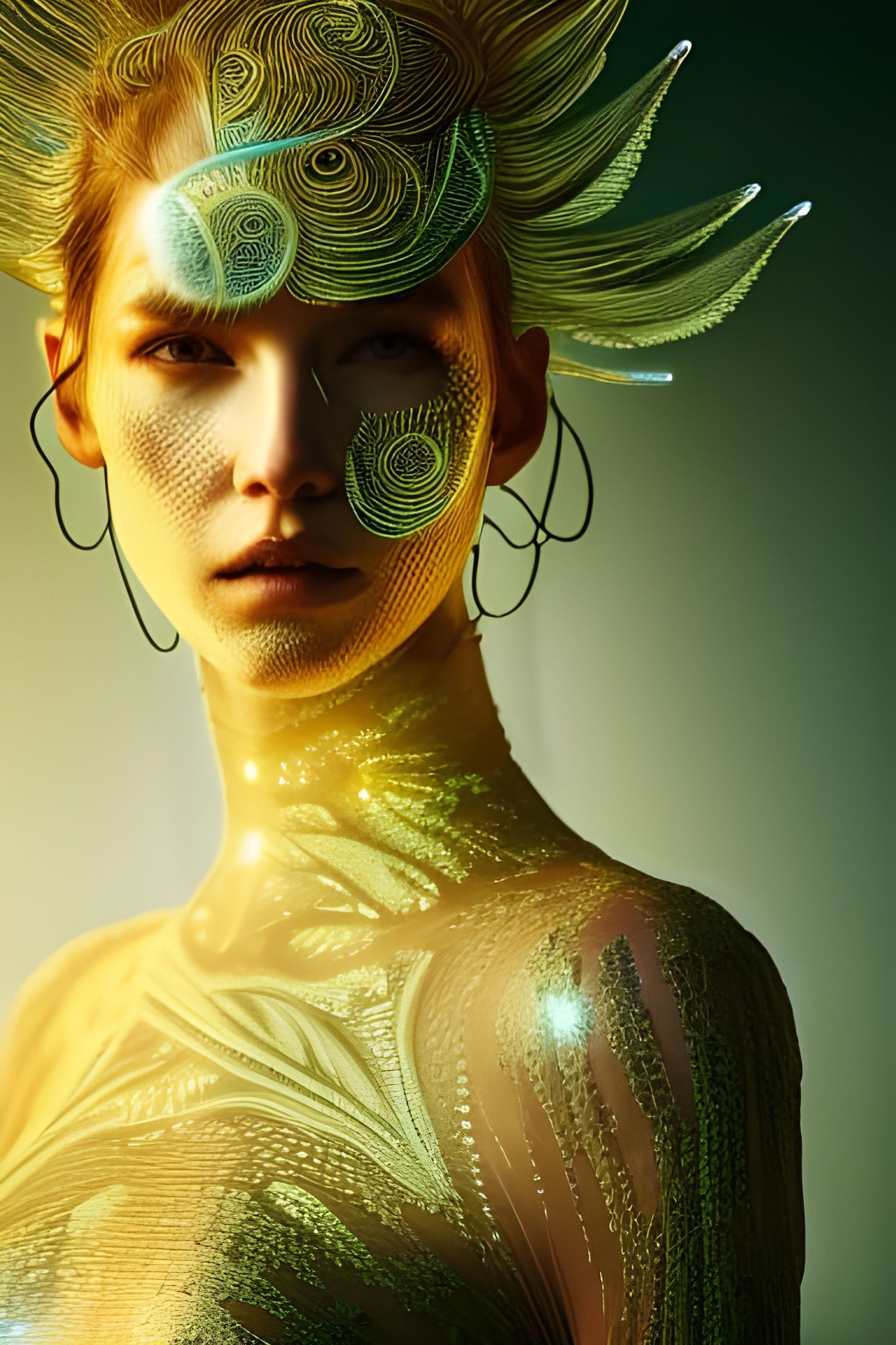 Cyberpunk Model in Bioluminescent Lace Dress