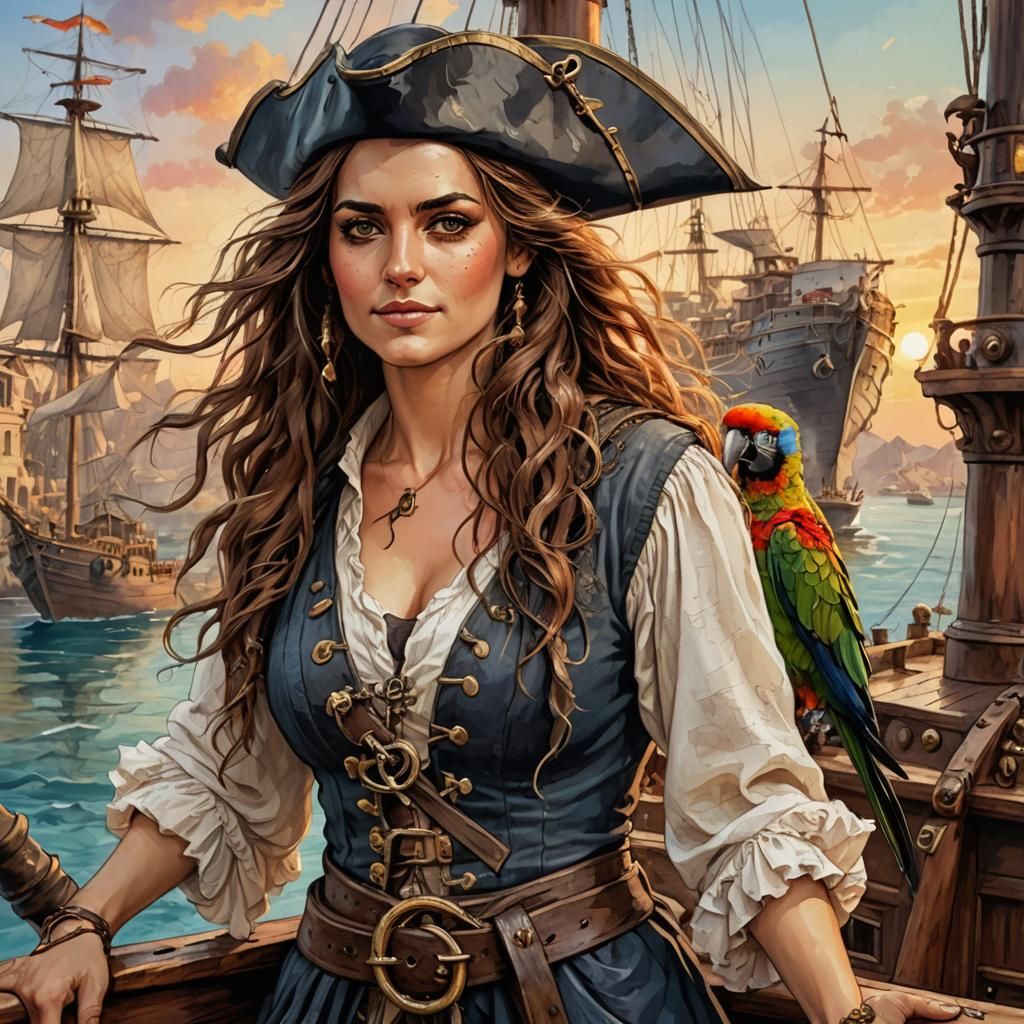 Sassy Pirate on Ship at Sunrise, Digital Illustration