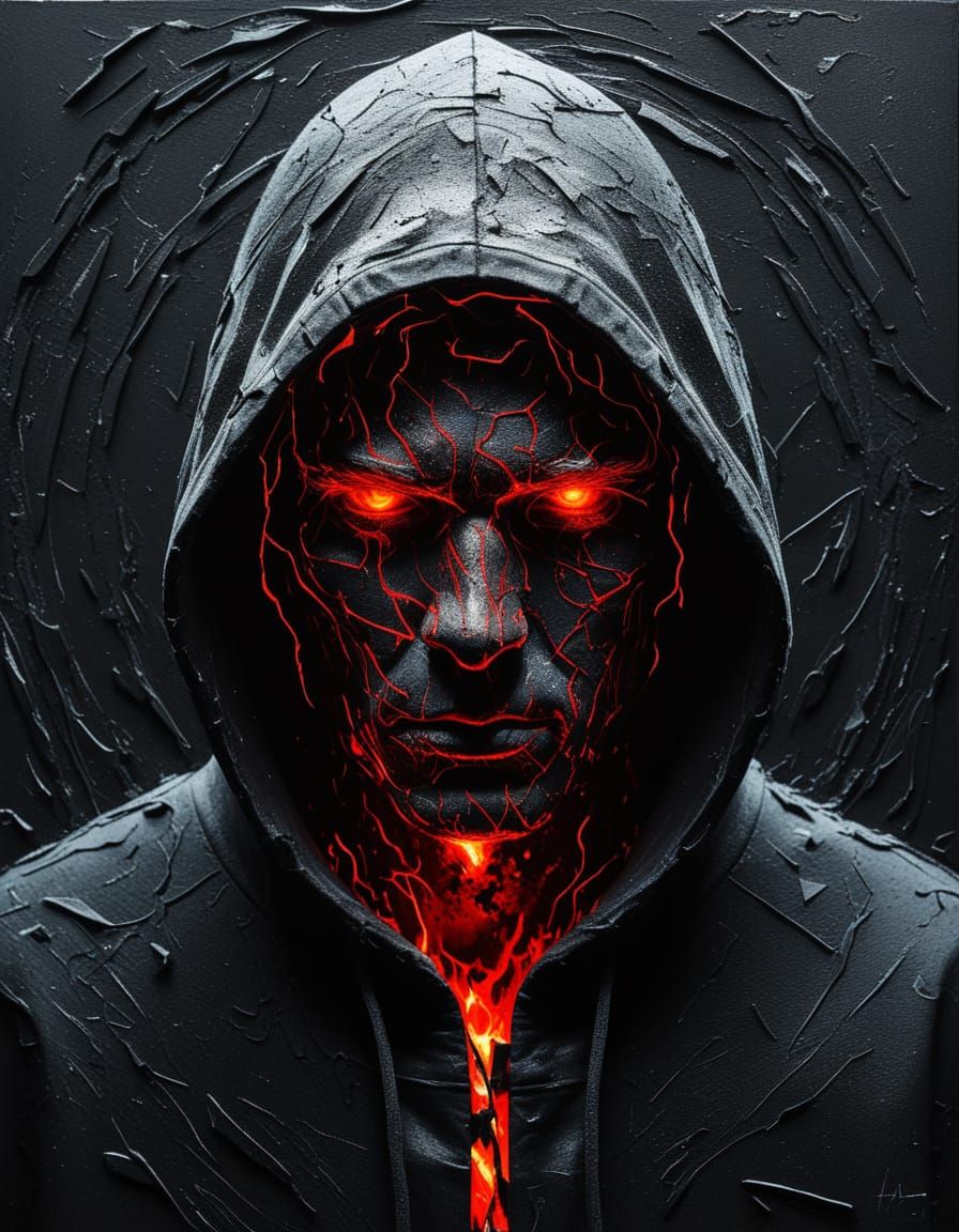 Mysterious Hooded Figure Emerges from Abstract Chaos