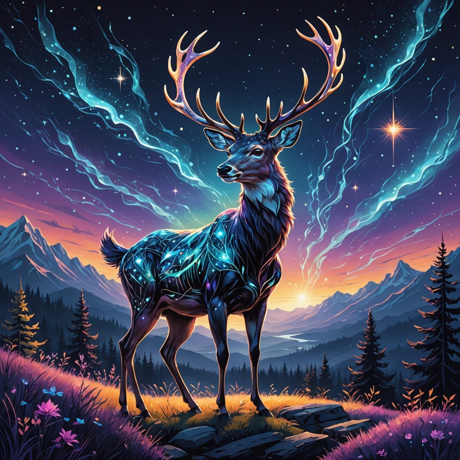 Celestial Deer Leaping Across Twilight Sky