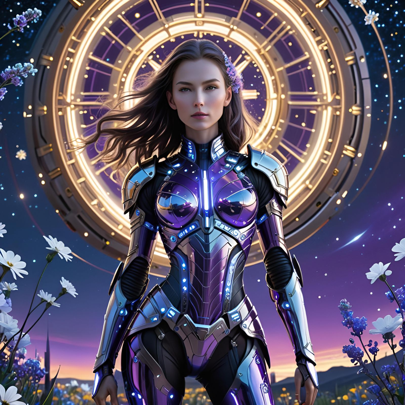 Woman in Luminous Biomechanical Armor Under Starry Sky