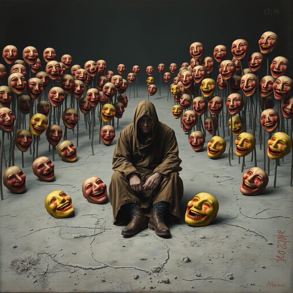 Isolated Figure Surrounded by Eerie Smiling Masks in a Desol...