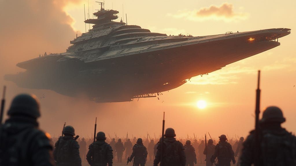 a battle damaged starship hovers in the sky before a vast army of soldier hellbent on driving the vessel from the sky he...