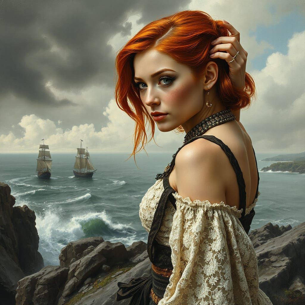 Brooding Samurai Stands on Cliff, Gazing Out at Stormy Sea