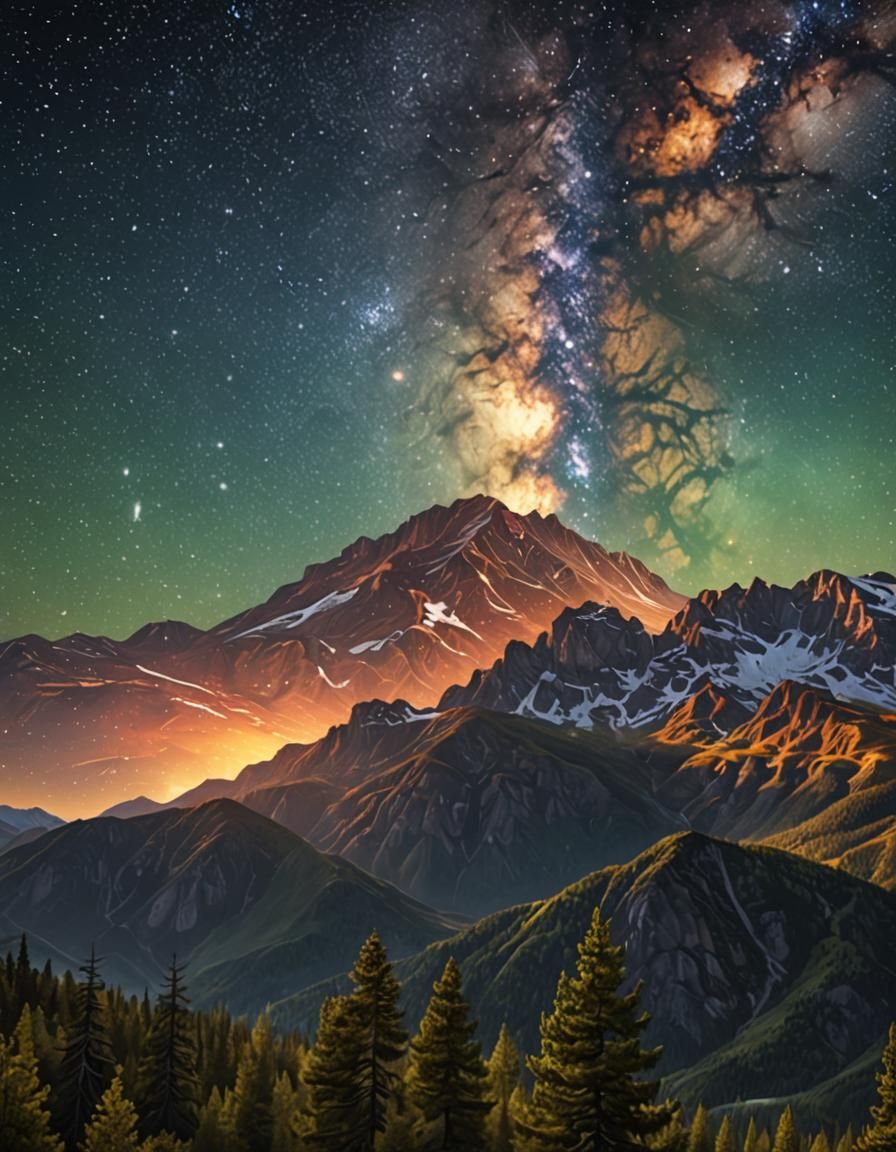 Milky Way Over Mountains: Hyperrealistic Splash Art