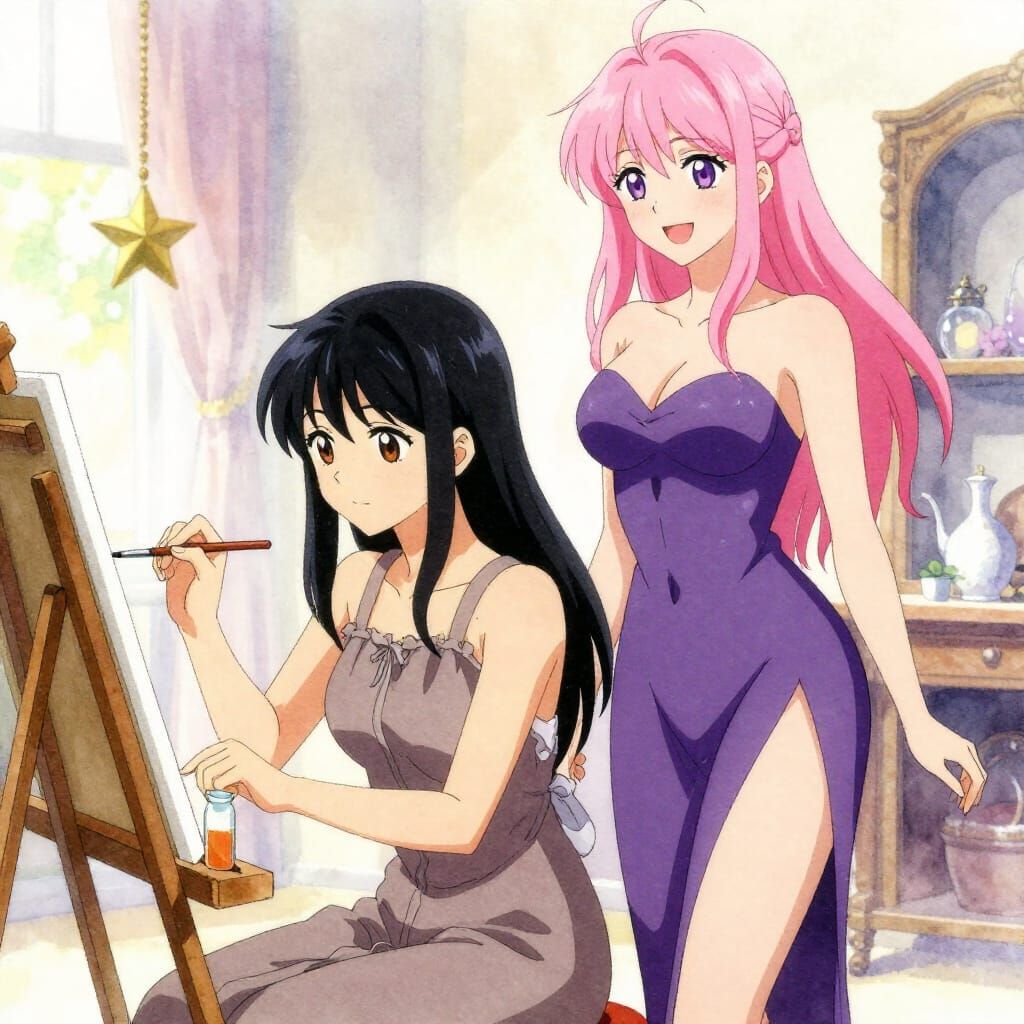 Anime Art: Women Painting in Decorated Studio