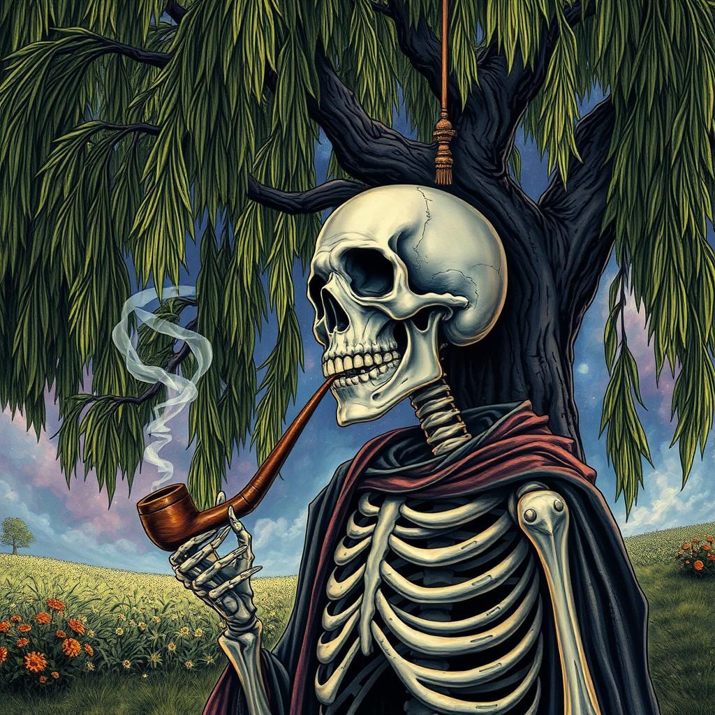 Medieval Skeleton Smoking Pipe under Willow Tree