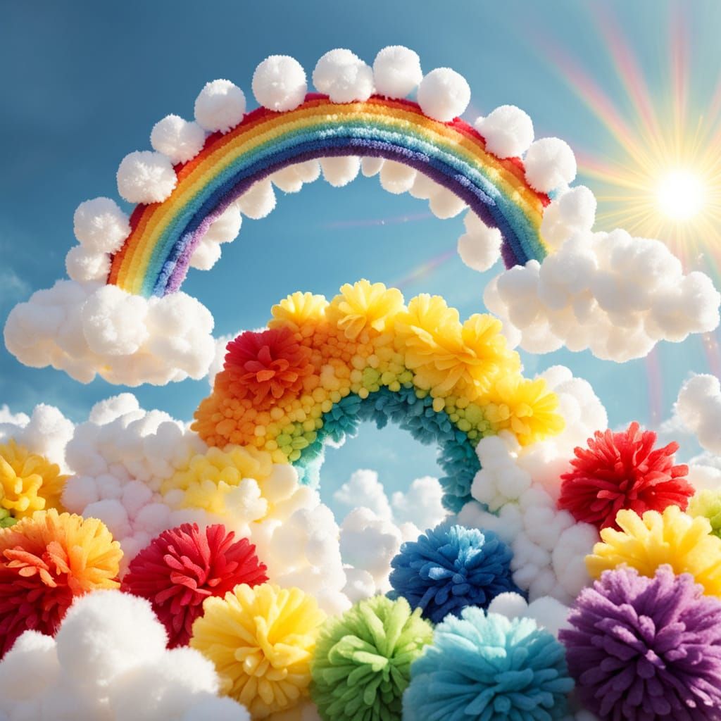 Pom Pom Rainbow Arches Across Playful Sky