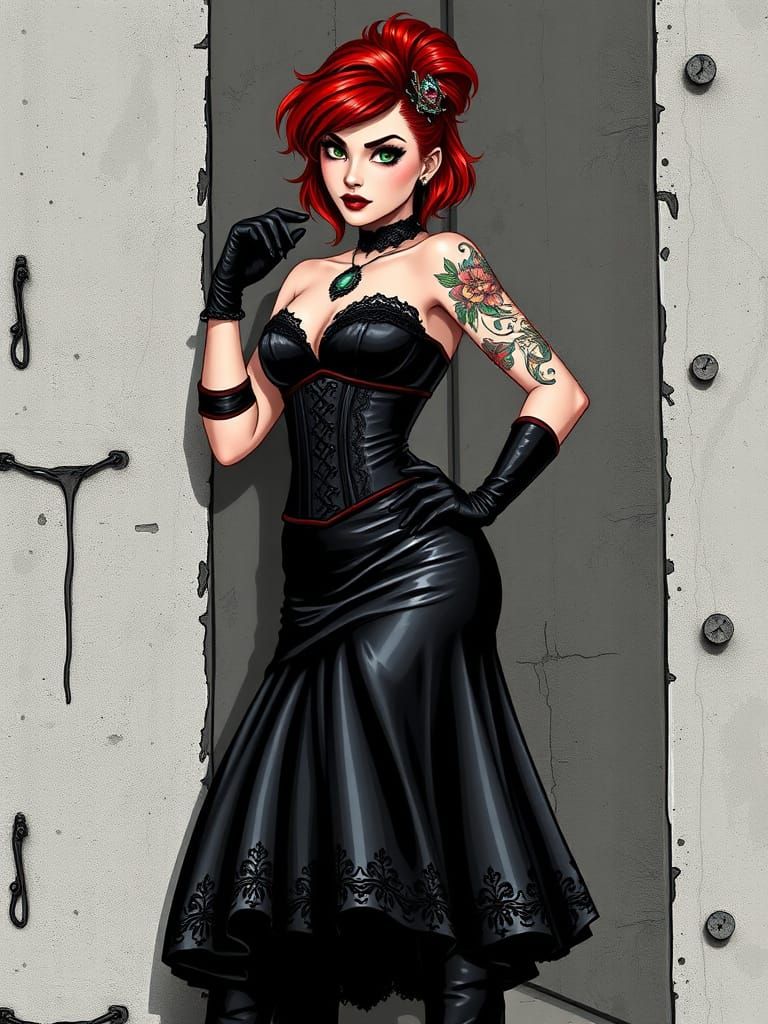 Gothic Model in Latex Corset Dress on Urban Backdrop