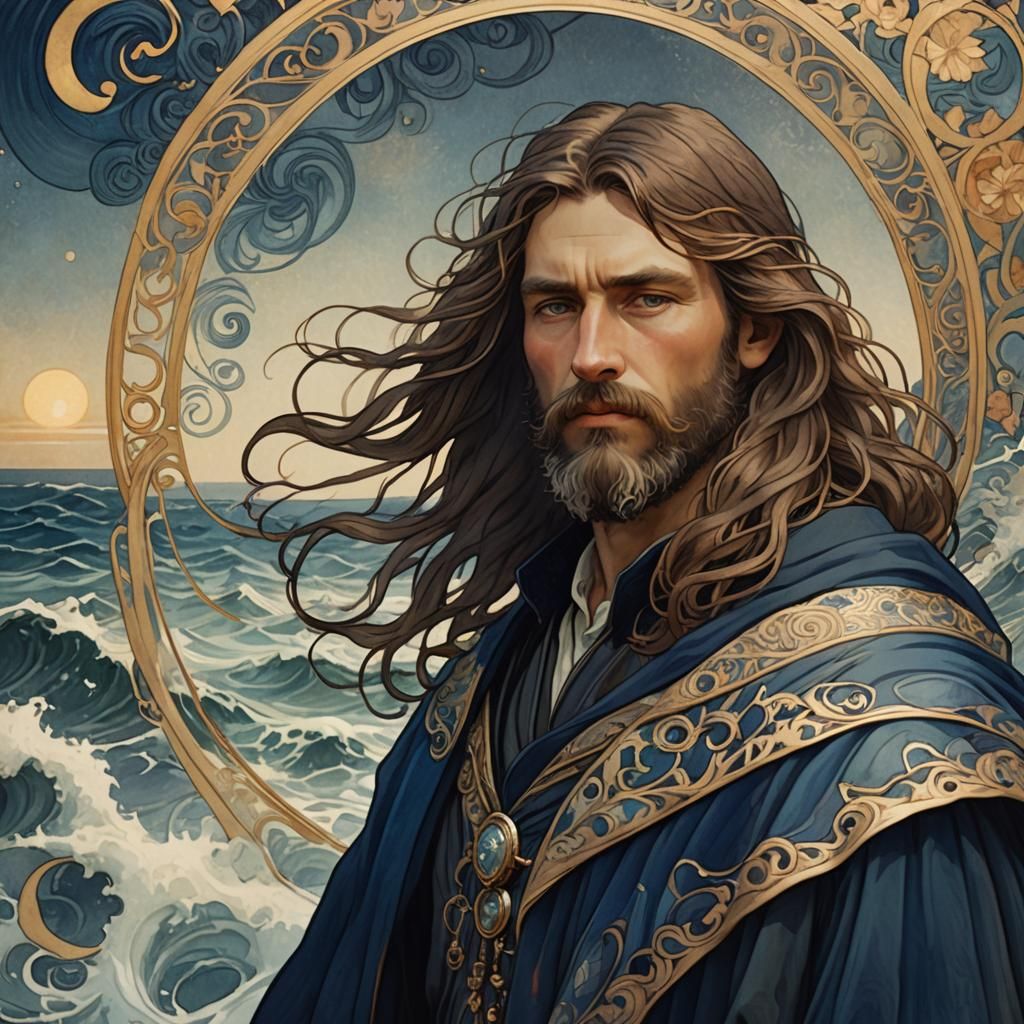 Art Nouveau Sea God in Golden Light