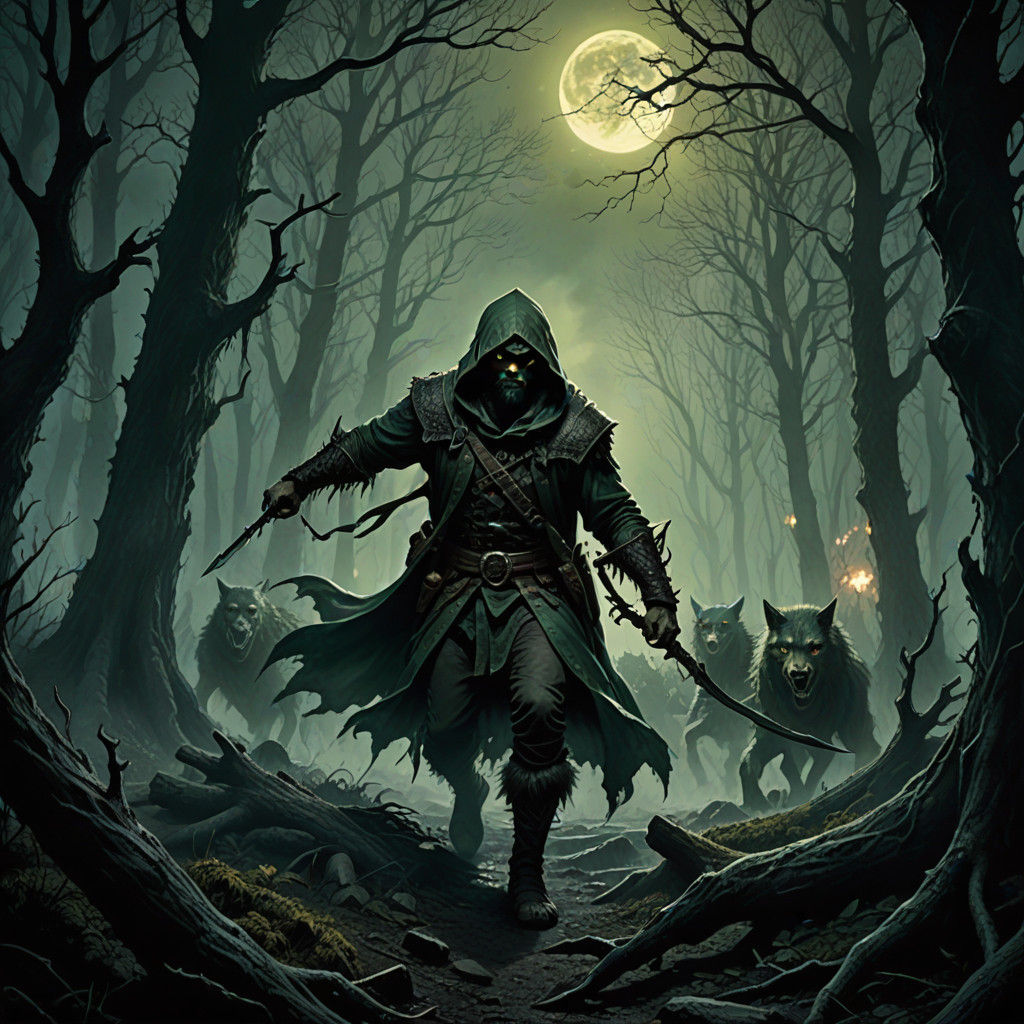 Ethereal Battle: Werewolf vs. Hooded Archer in a Misty Fores...