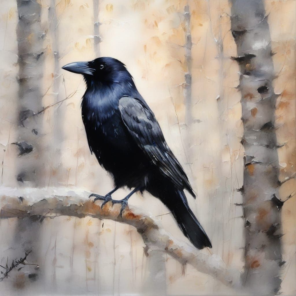 Raven in Winter Forest Sunrise Watercolour