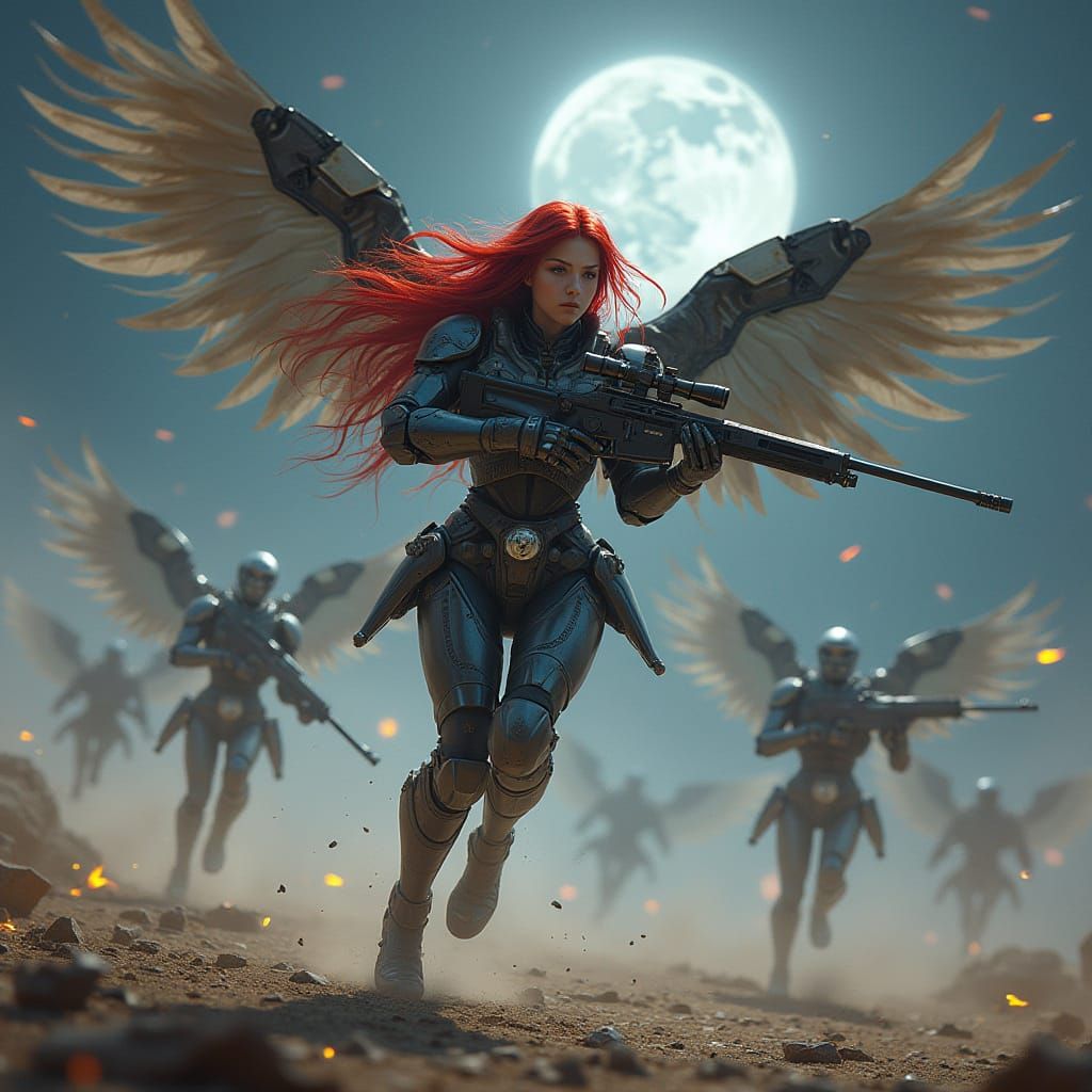 Cyberpunk Angel Warrior on Desolate Battlefield