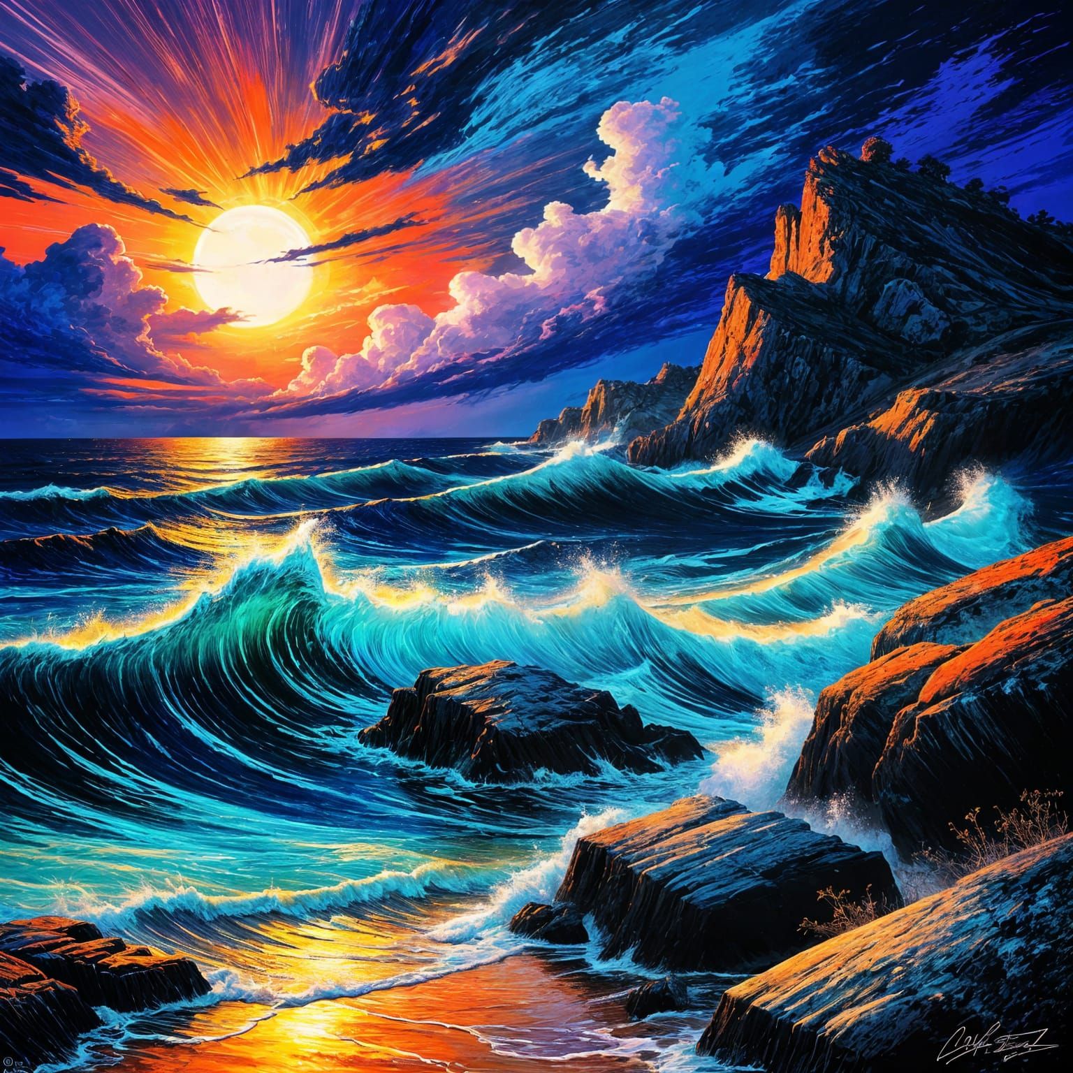 Stormy Coastline Waves Crashing on Rocks in Pastel