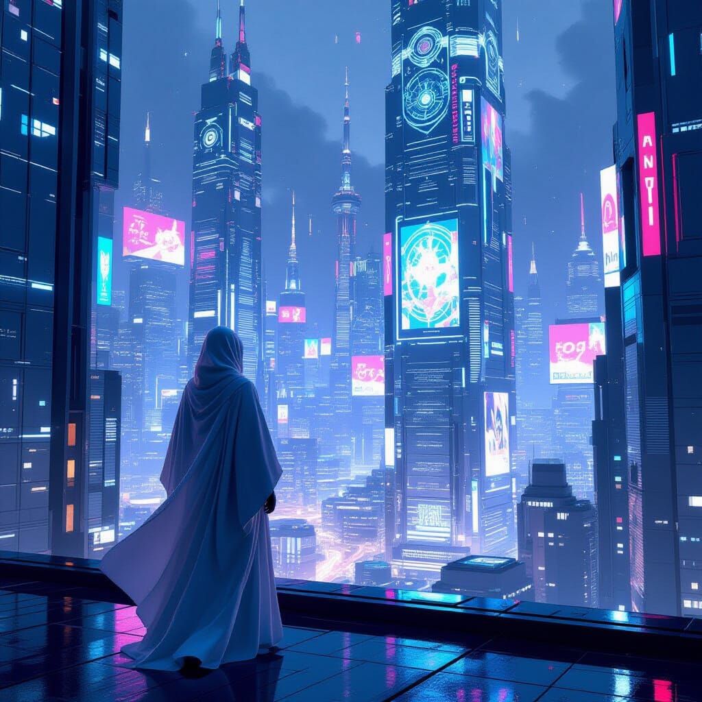 Futuristic Cityscape with Neon Lights in Hyperrealistic Styl...