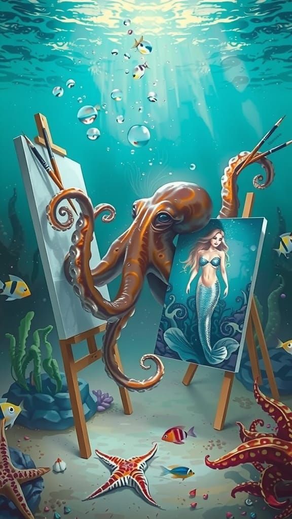 Octopus Painter Creates Mermaid in Magical Underwater Scene