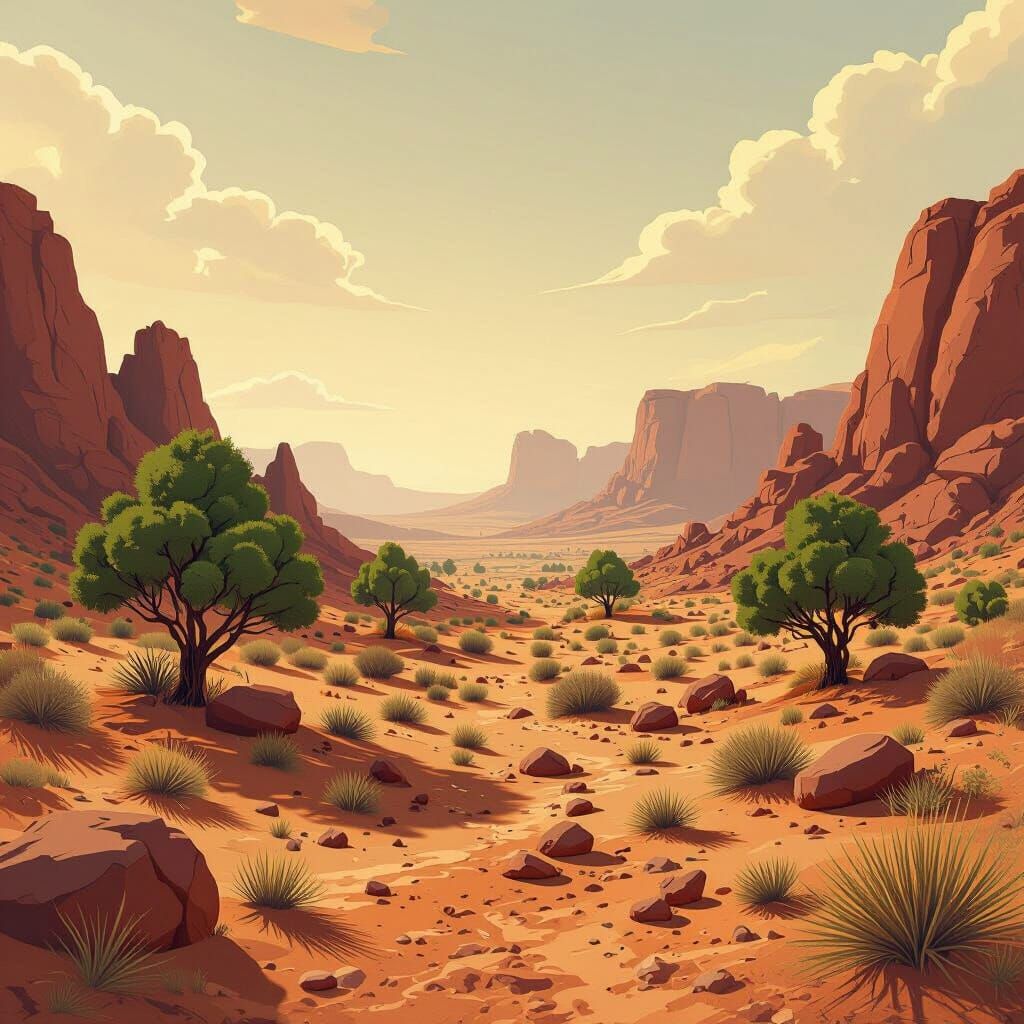 Arid Landscape with Sparse Vegetation in Polyschéne Style