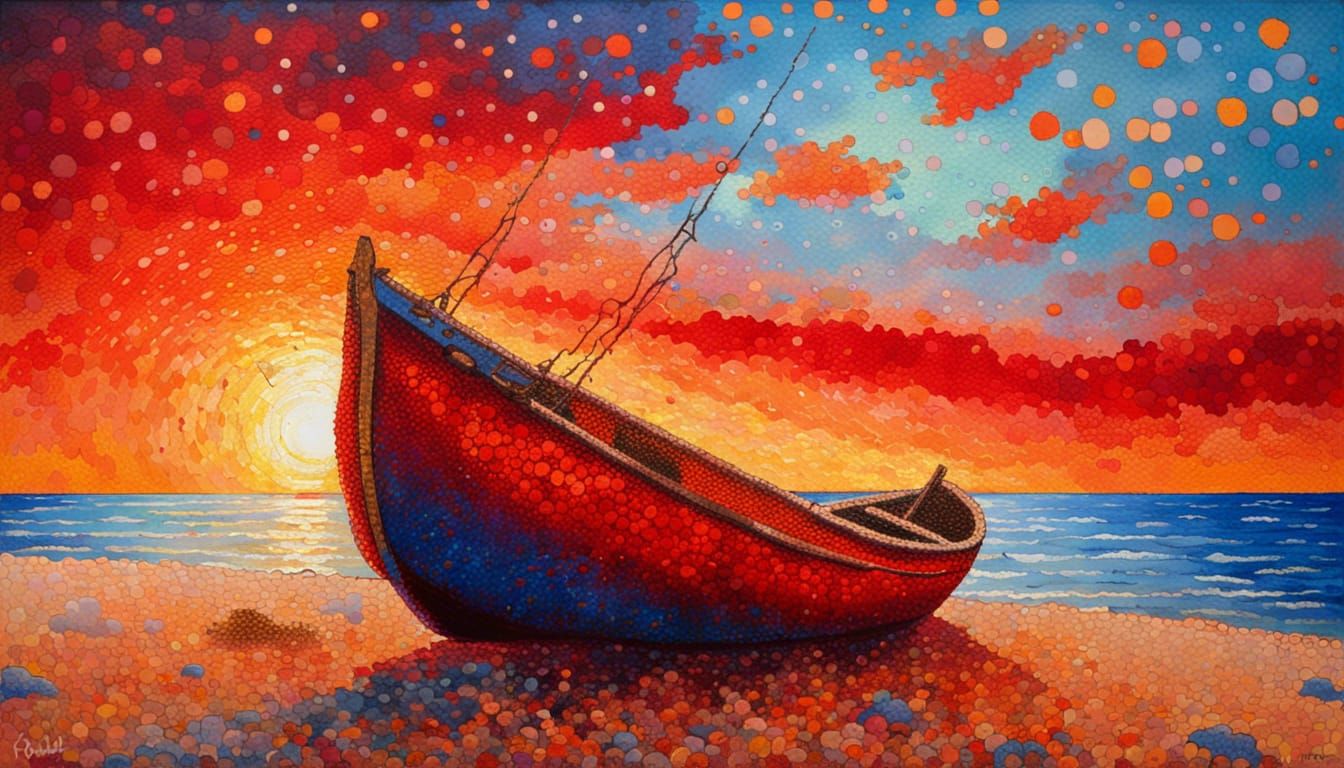 Pointillist Sunset: Wrecked Sloop on a Beach