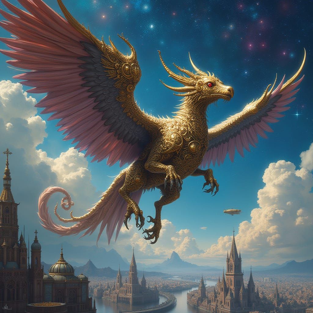 Steampunk Griffin Soars Through Cosmic Cityscape