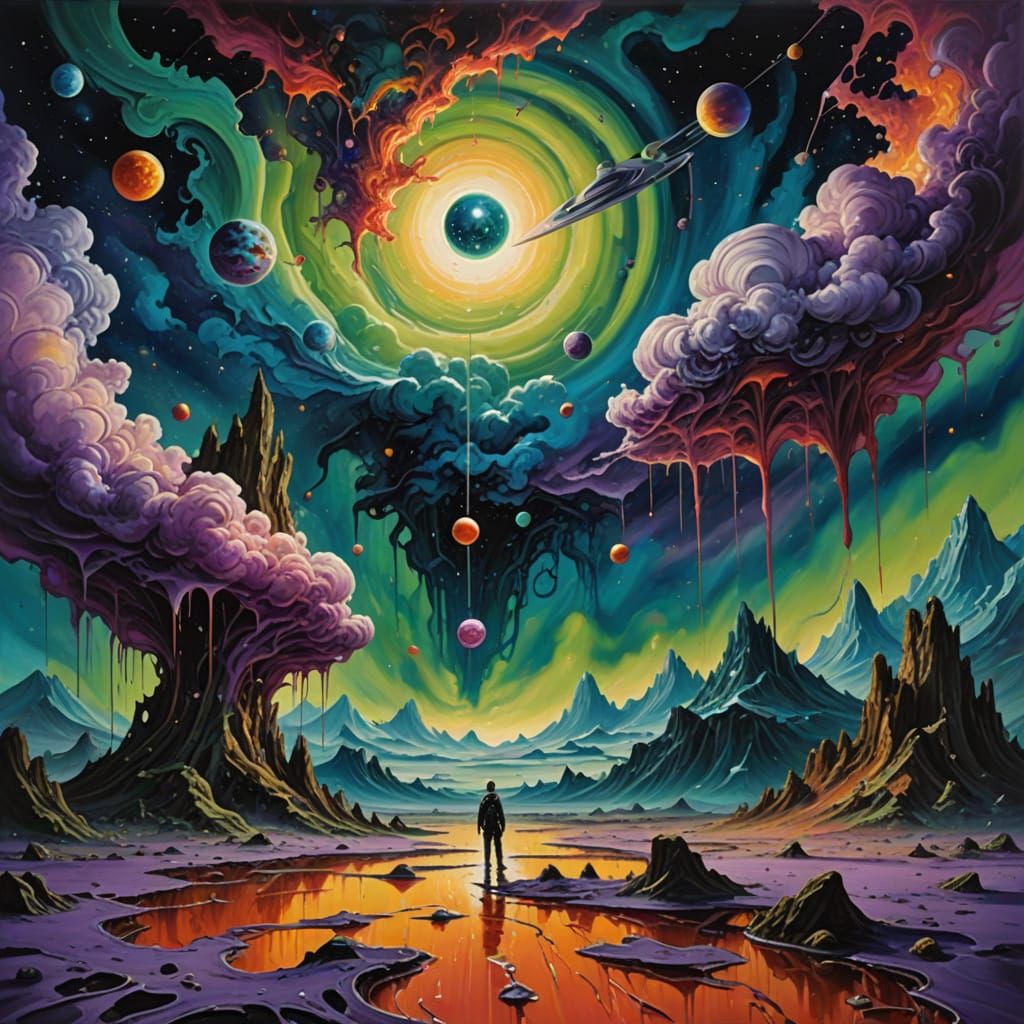 Ethereal Oil Painting of Hopeless Men in Cosmic Meltdown