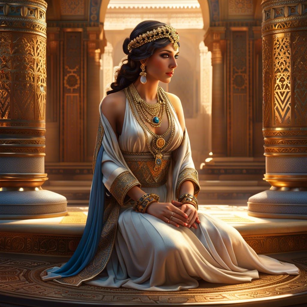 Elegant Mediterranean Woman in Roman Bath