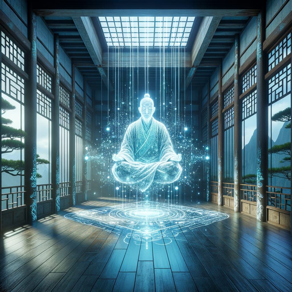Ancient Chinese Monk Meditates in Ethereal Temple Courtyard