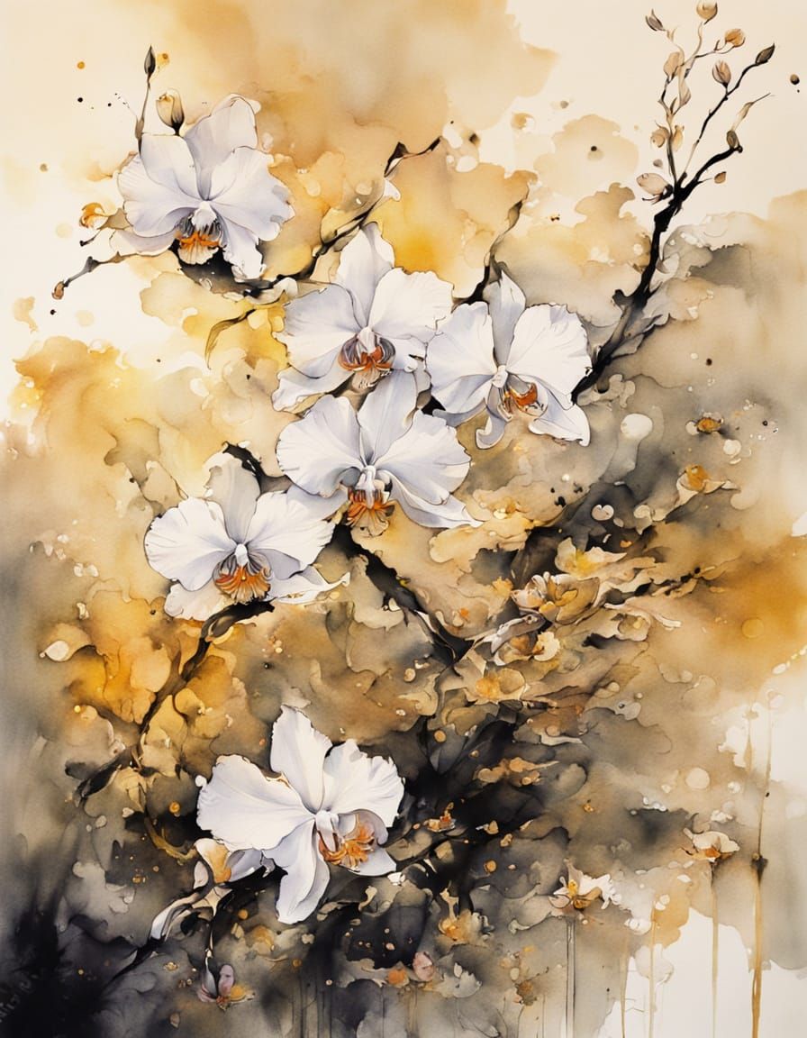 Elegant Fairy-Orchid Hybrid Blooms as Ink Painting