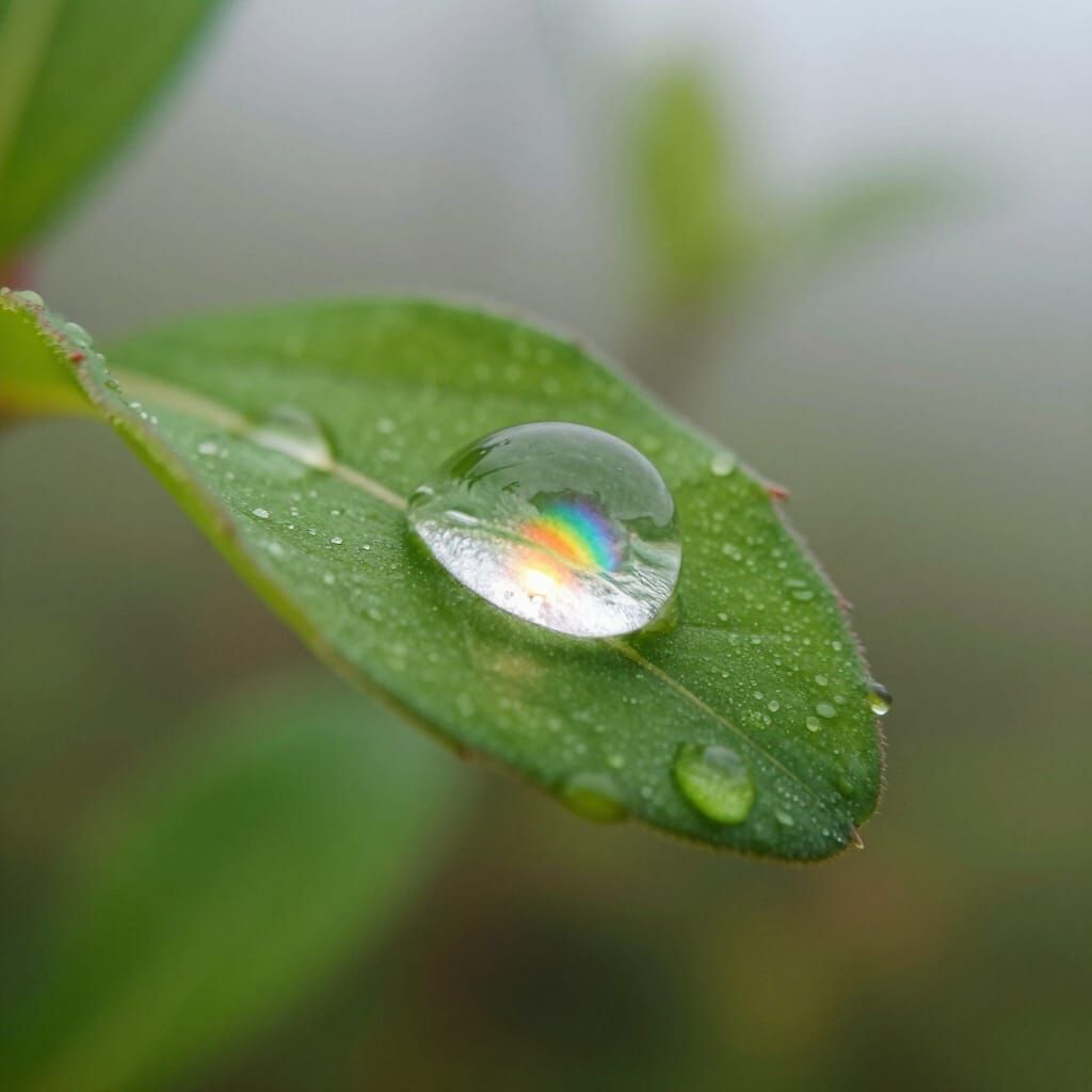 Macro Dewdrop Reflection of Sunrise on Leaf