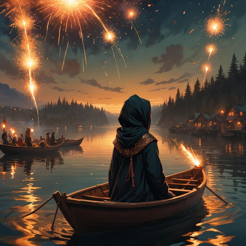 Mystical Lakeside Firecrackers: Dark Fantasy Concept Art