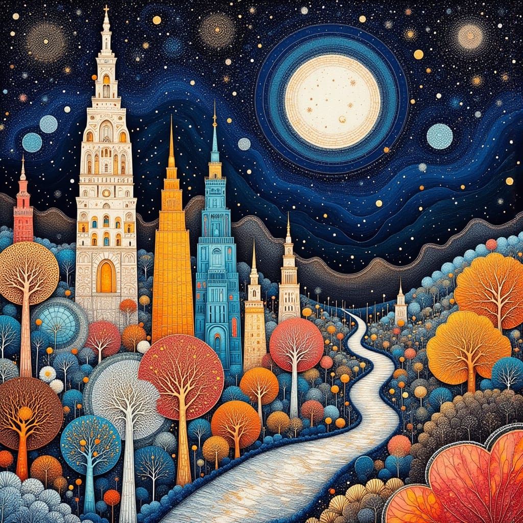 Whimsical Cityscape with Collage Trees