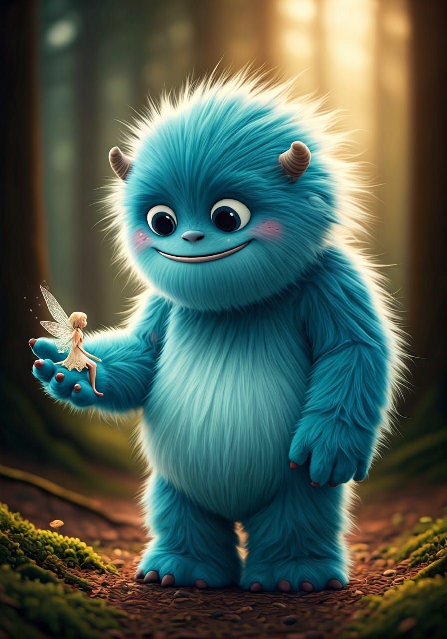 Gentle Blue Monster Holding a Fairy