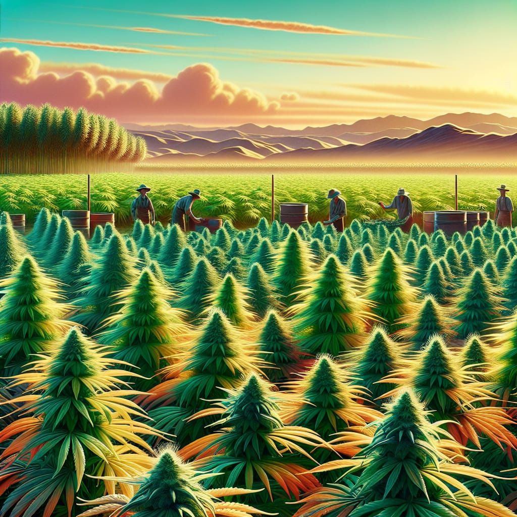 Lush Cannabis Field with Farmers in 19th-Century Animation S...