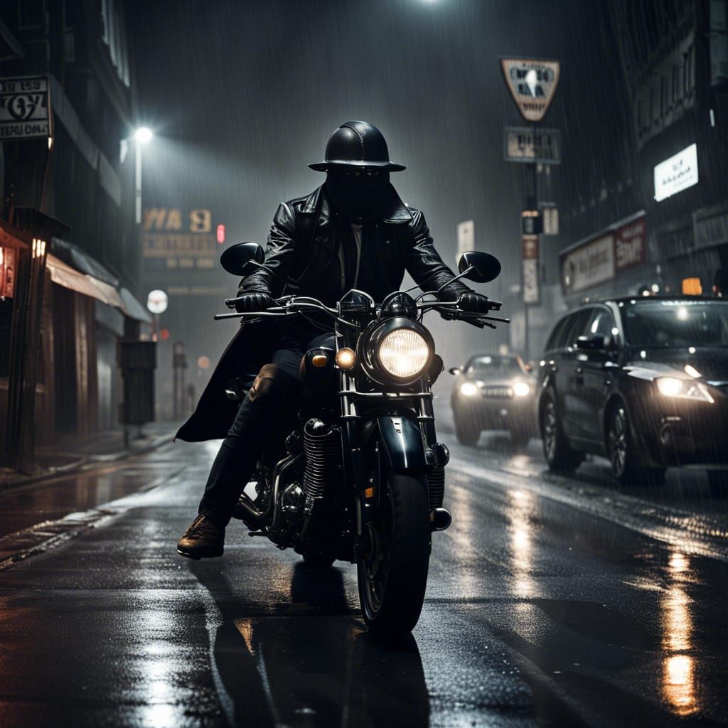 Inquisitor Motorcyclist in Film Noir Style